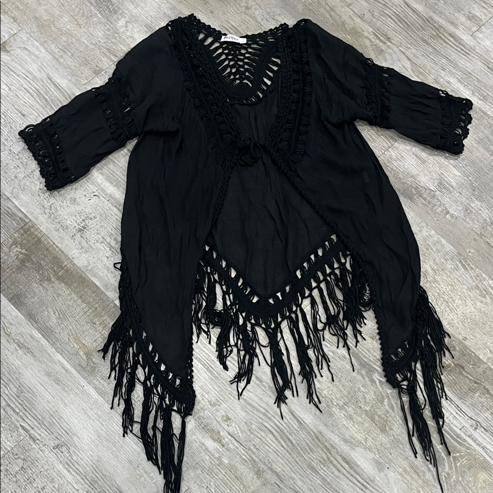 Room Mates‎ cover up swim beach vacation XL Black Fringe Boho Top